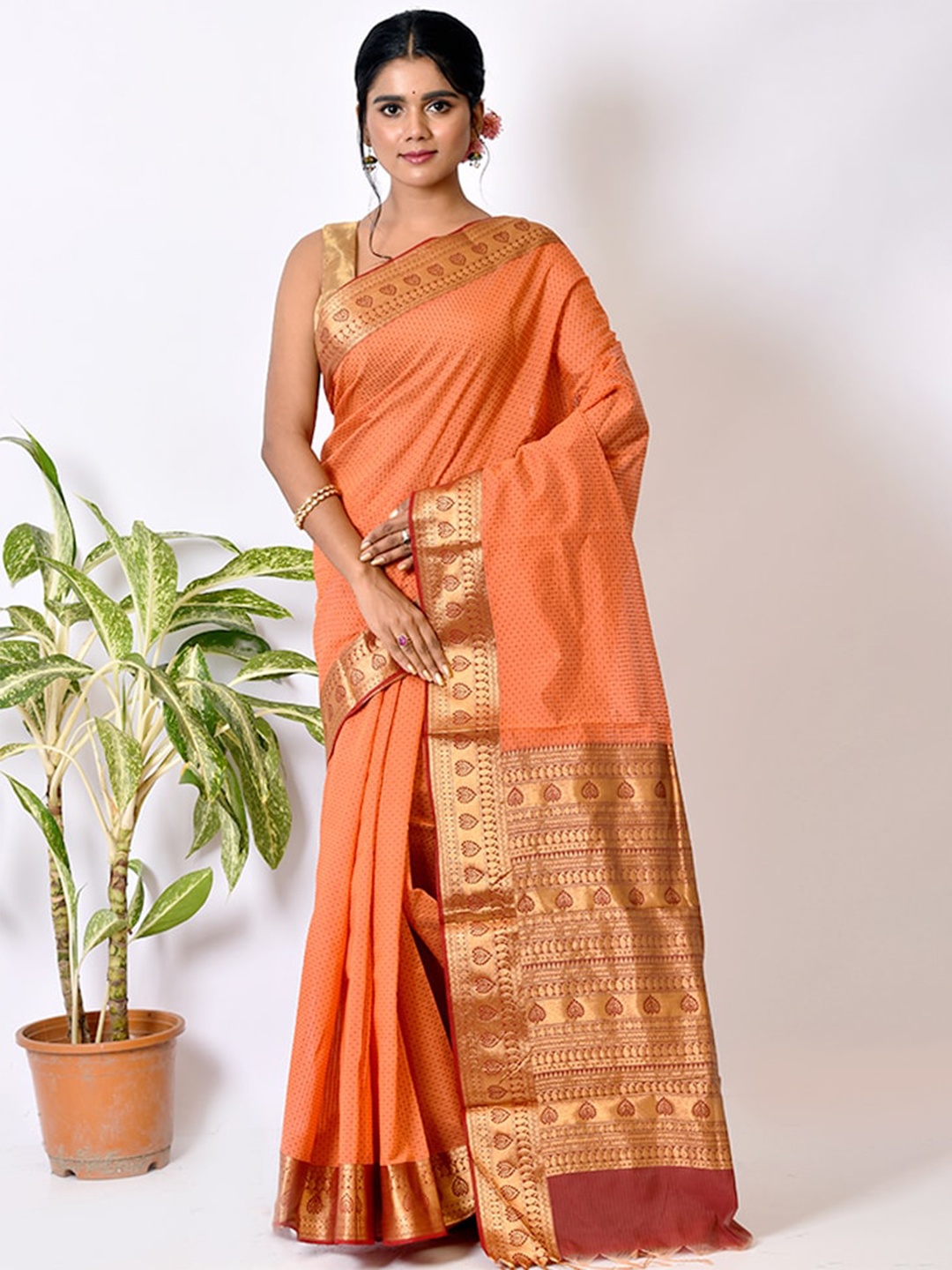 

AllSilks Rust & Gold-Toned Ethnic Motifs Zari Pure Cotton Saree