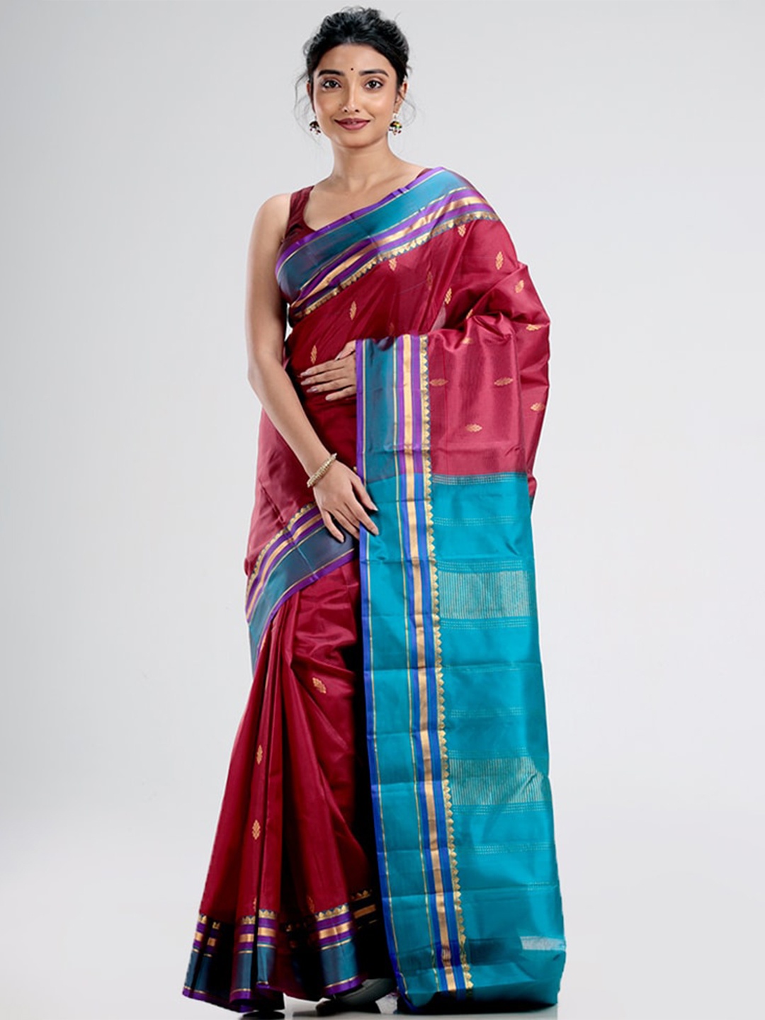 

AllSilks Red & Blue Ethnic Motifs Zari Pure Silk Kanjeevaram Saree