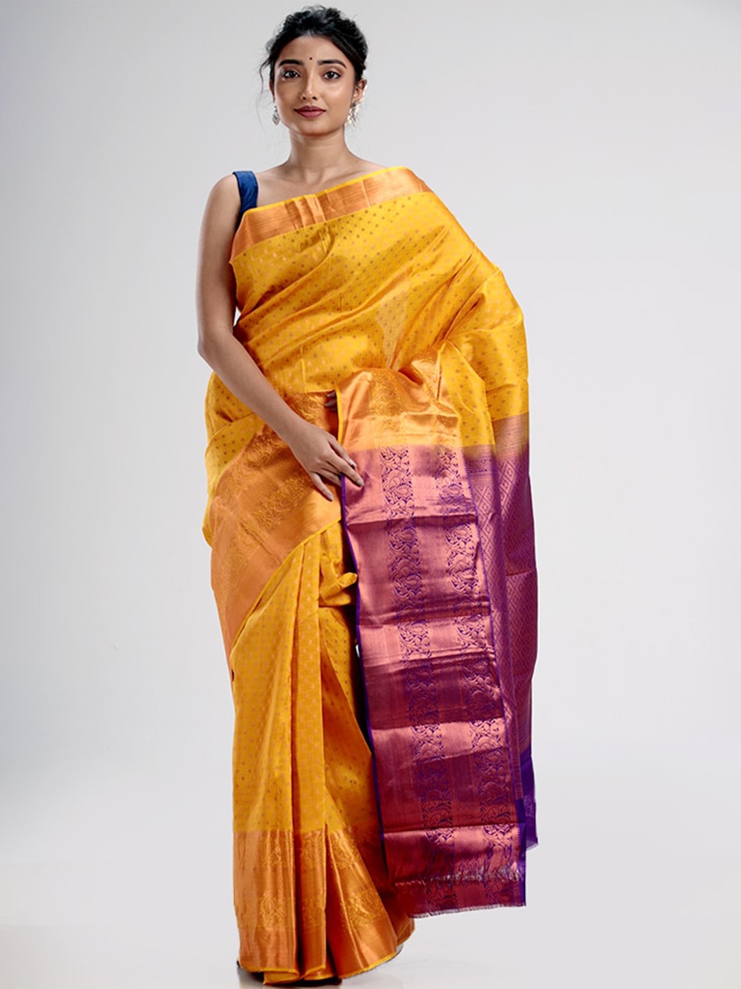 

AllSilks Yellow & Purple Woven Design Zari Pure Silk Kanjeevaram Saree