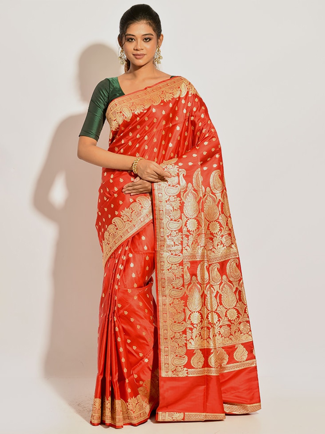 

AllSilks Red & Gold-Toned Woven Design Zari Pure Silk Banarasi Saree
