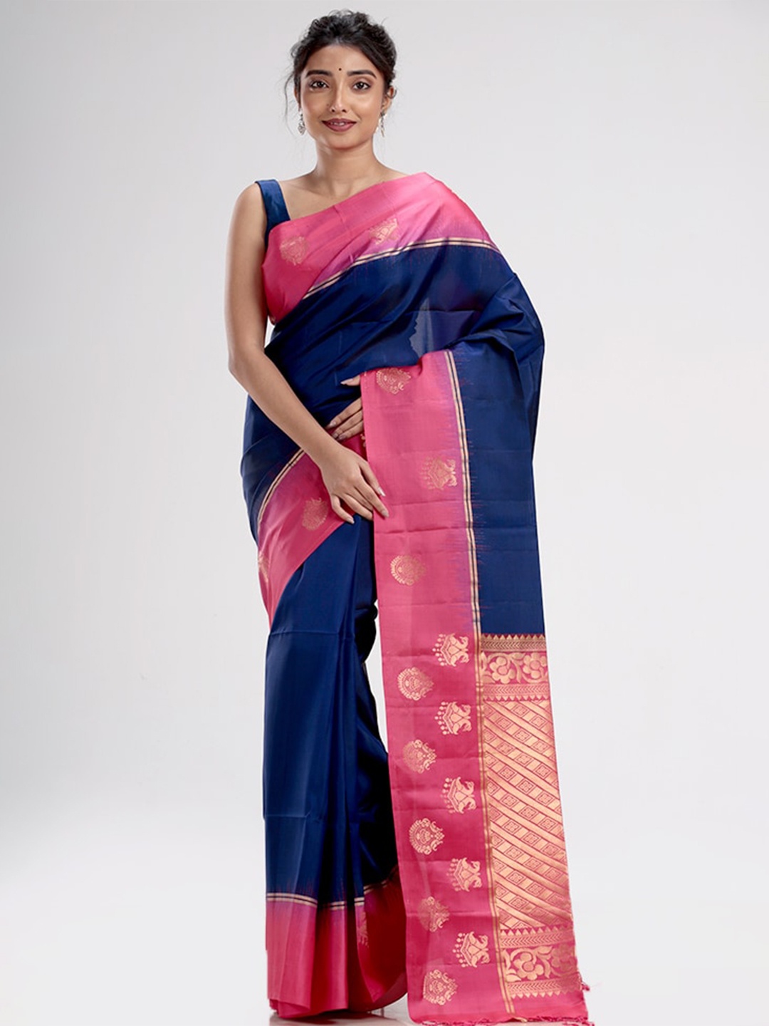 

AllSilks Blue & Pink Woven Design Zari Pure Silk Kanjeevaram Saree