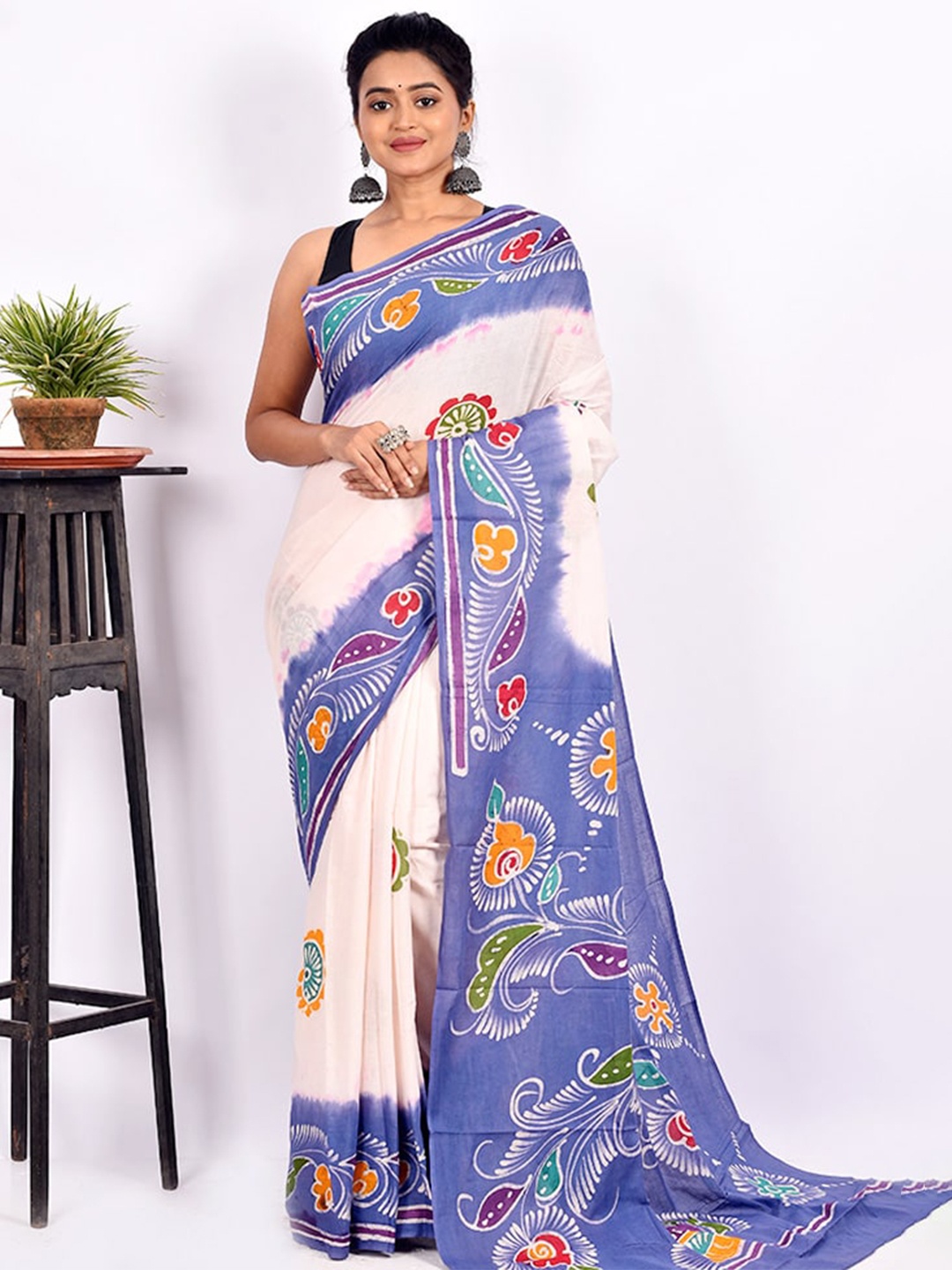 

AllSilks White & Blue Floral Pure Cotton Saree