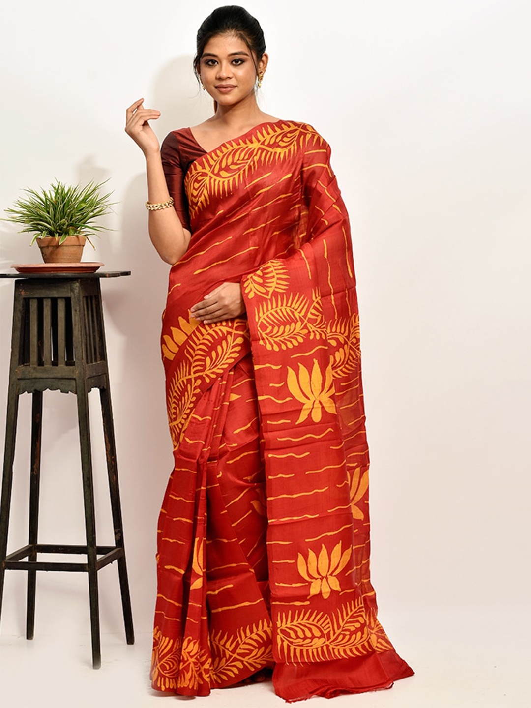 

AllSilks Red & Yellow Floral Pure Silk Murshidabad Saree