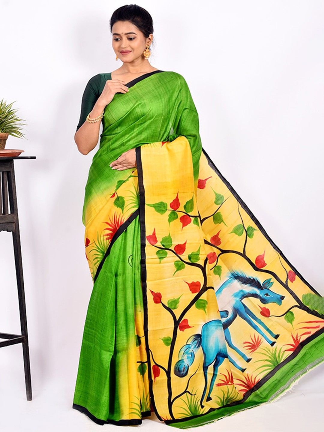 

AllSilks Green & Yellow Pure Silk Murshidabad Saree