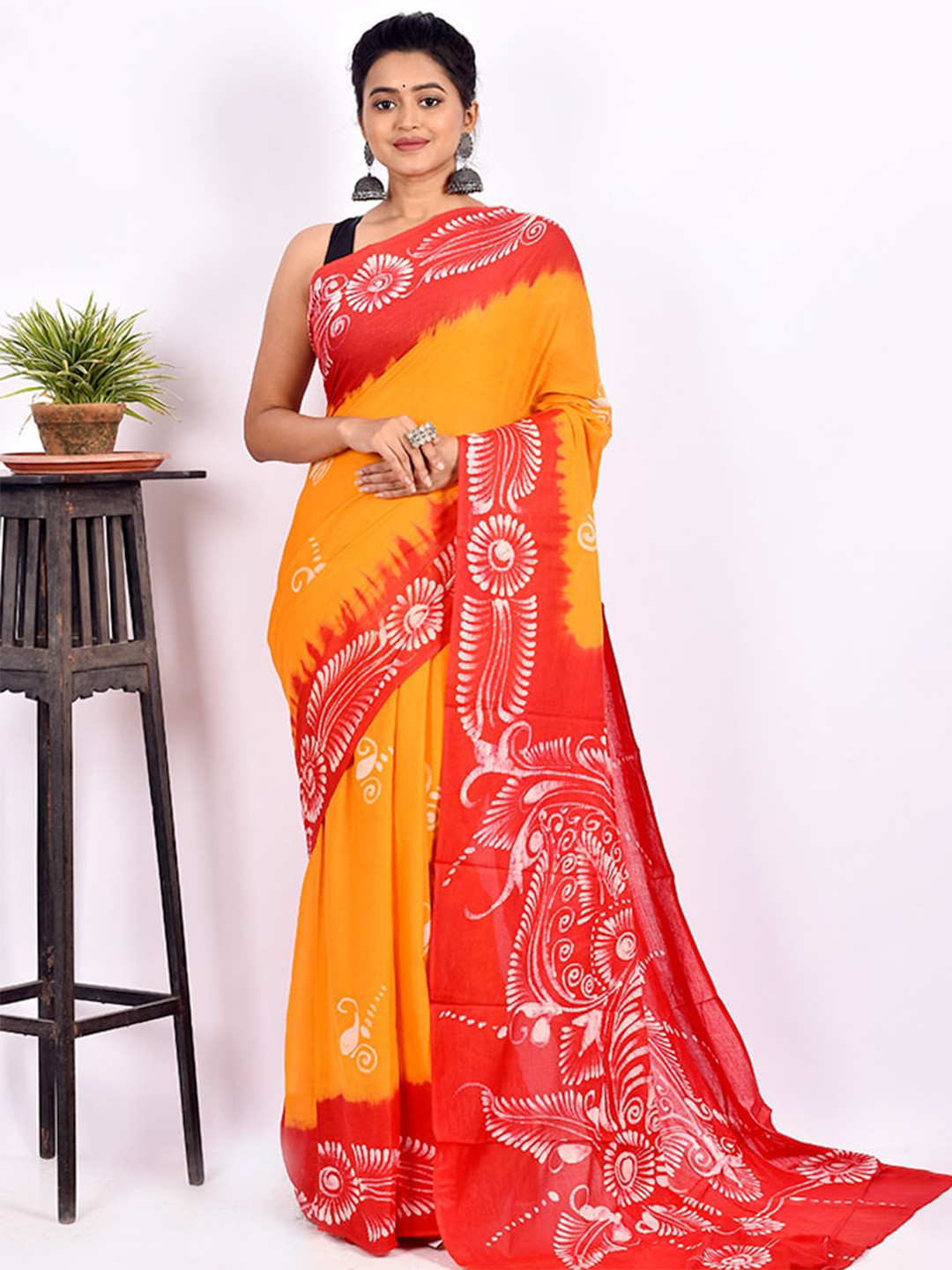 

AllSilks Yellow & Red Batik Pure Cotton Saree