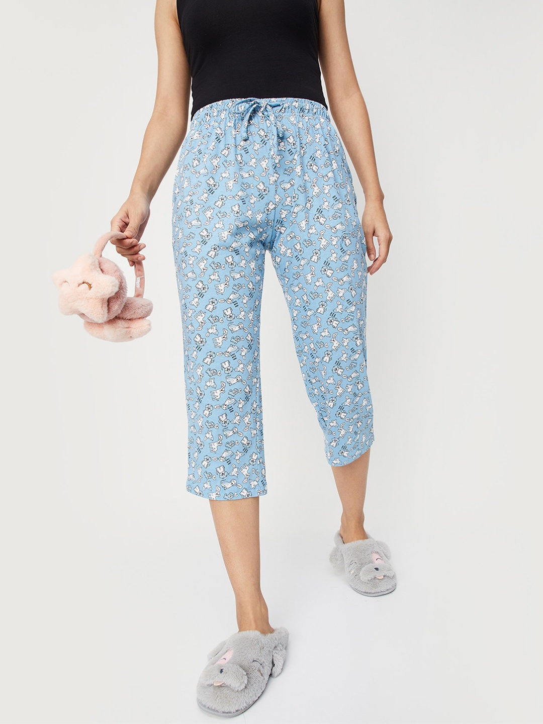 

max Women Printed Cotton Lounge Capris, Blue