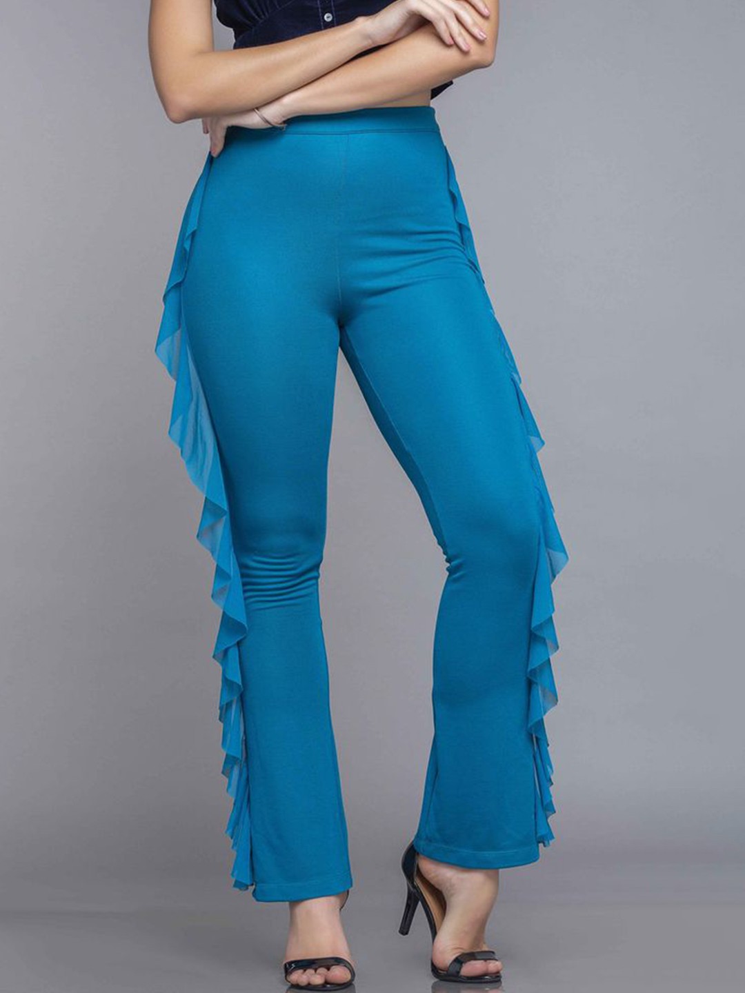 

MKOAL Women Turquoise Blue High-Rise Trousers