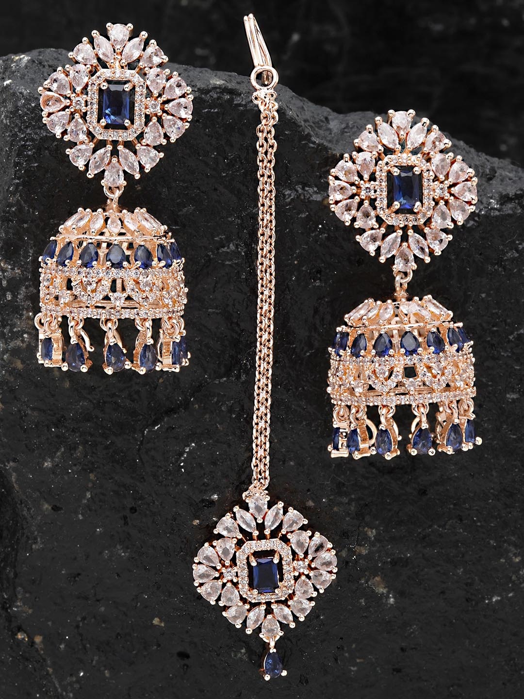 

KARATCART Rose Gold-Plated Blue & White CZ Studded Jewellery Set