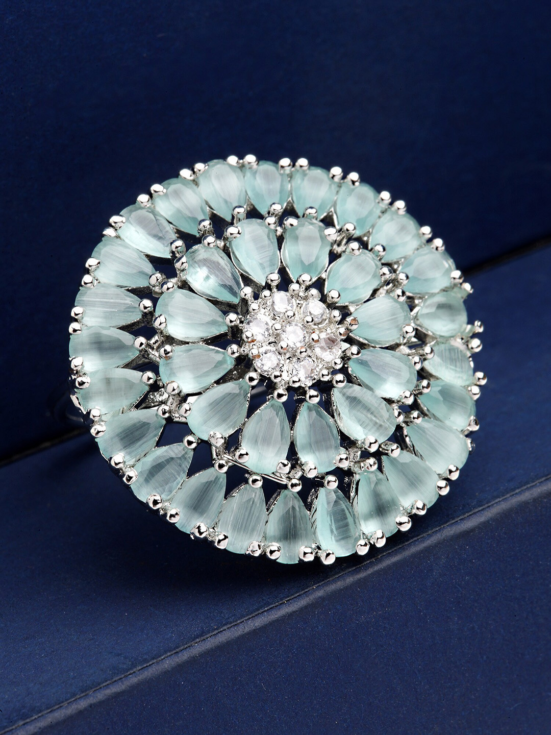 

KARATCART Women Silver-Toned Lime Green CZ Studded Adjustable Finger Ring