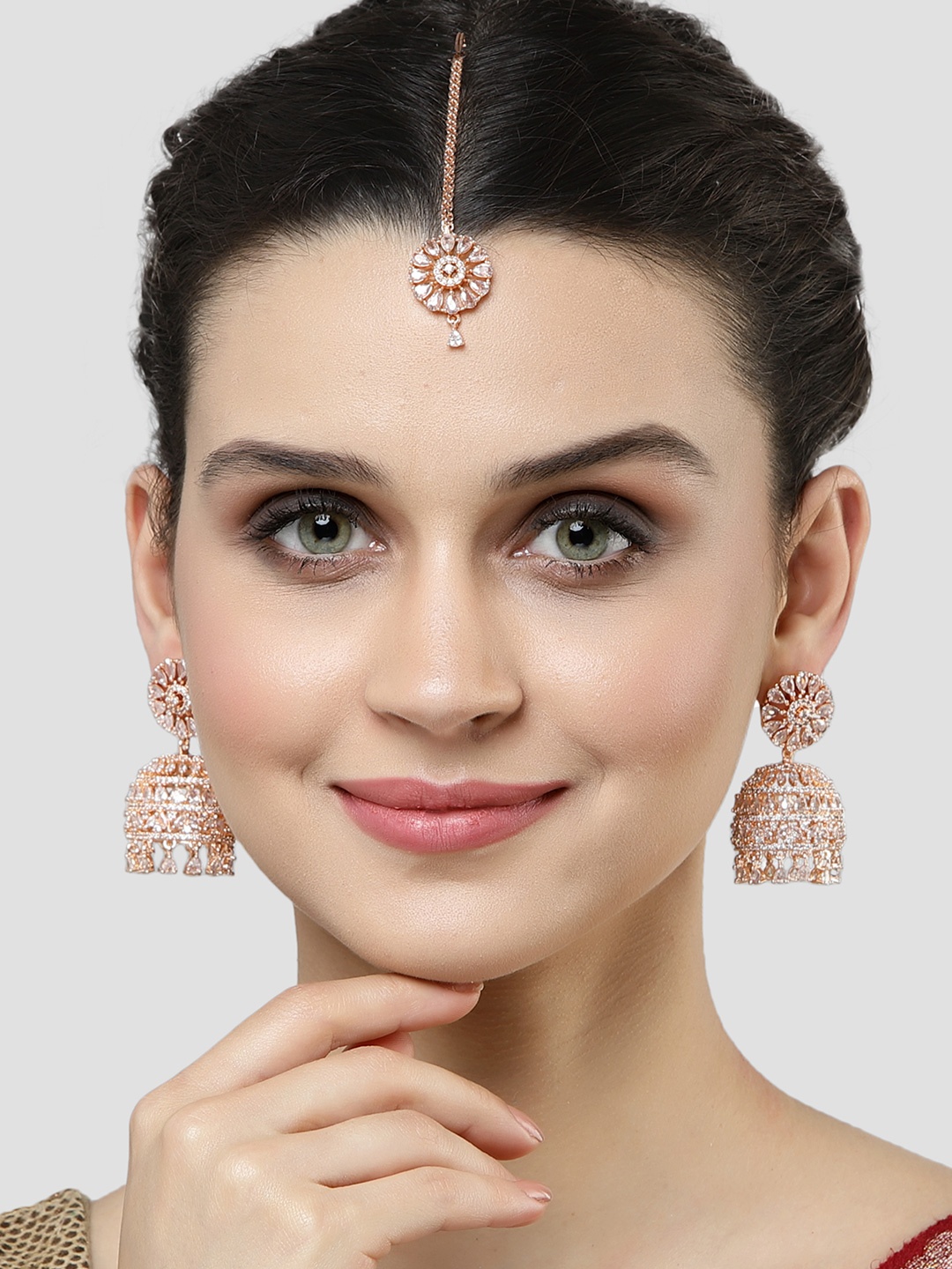 

KARATCART Rose Gold-Plated White CZ Stone-Studded Earrings With Maangtikka