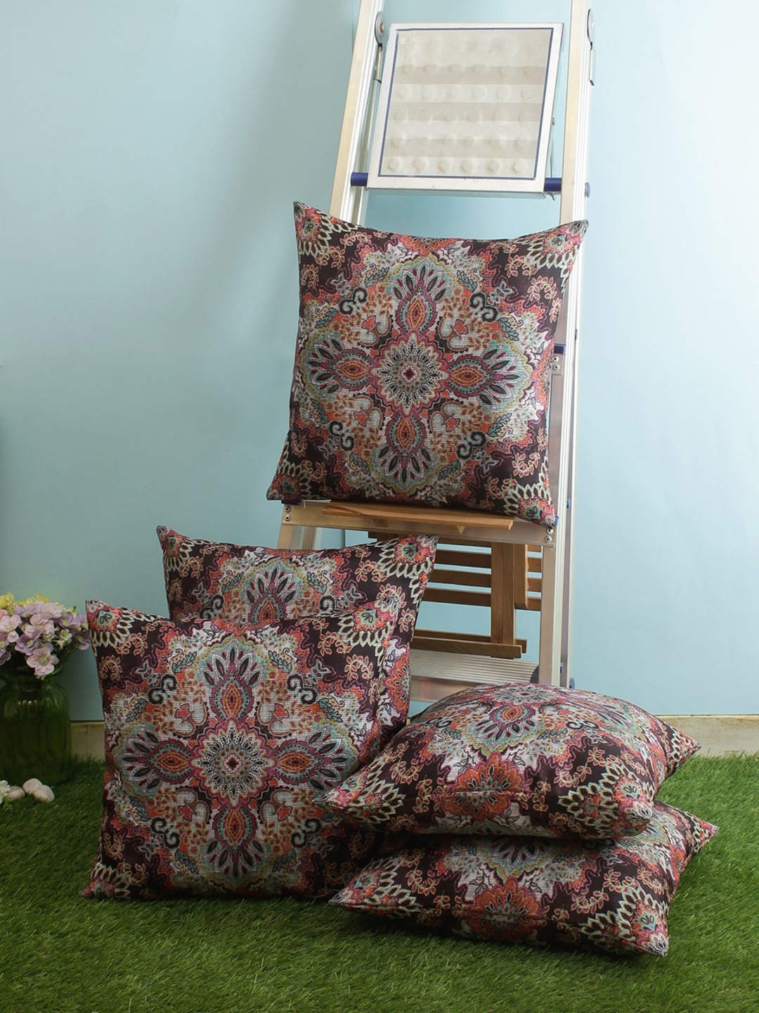 

ROMEE Burgundy & Pink Set of 5 Ethnic Motifs Square Cushion Covers