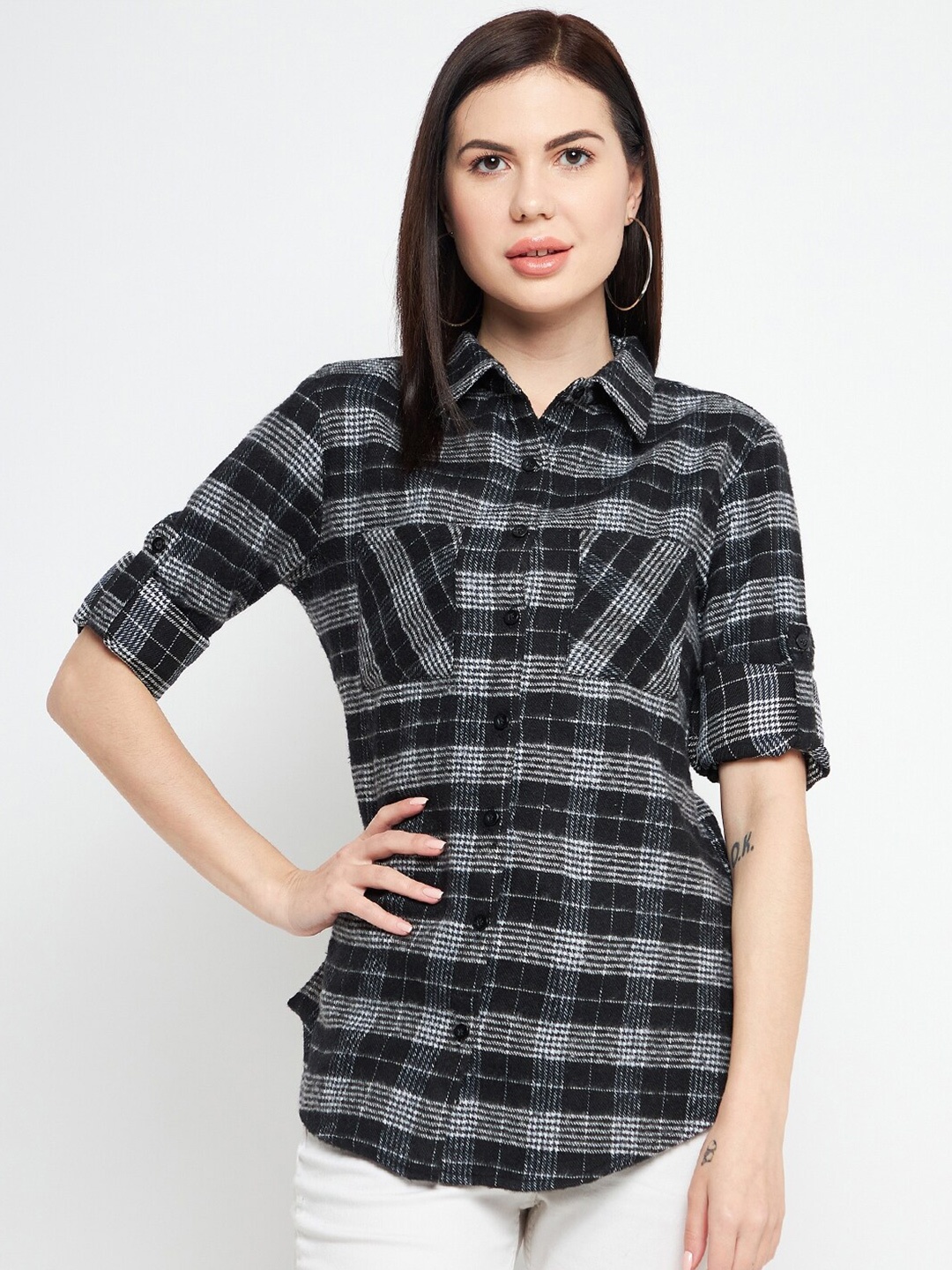 

Ruhaan's Women Checked Cotton Brushed Shirt, Black