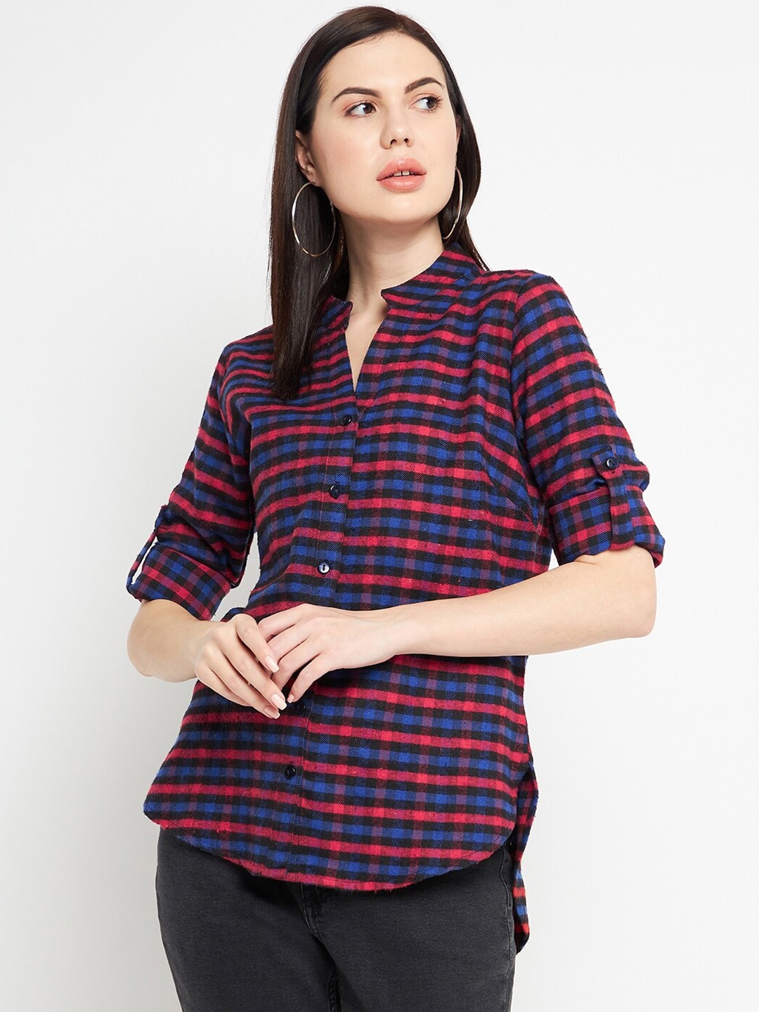 

Ruhaans Women Classic Horizontal Stripes Cotton Brushed Casual Shirt, Red