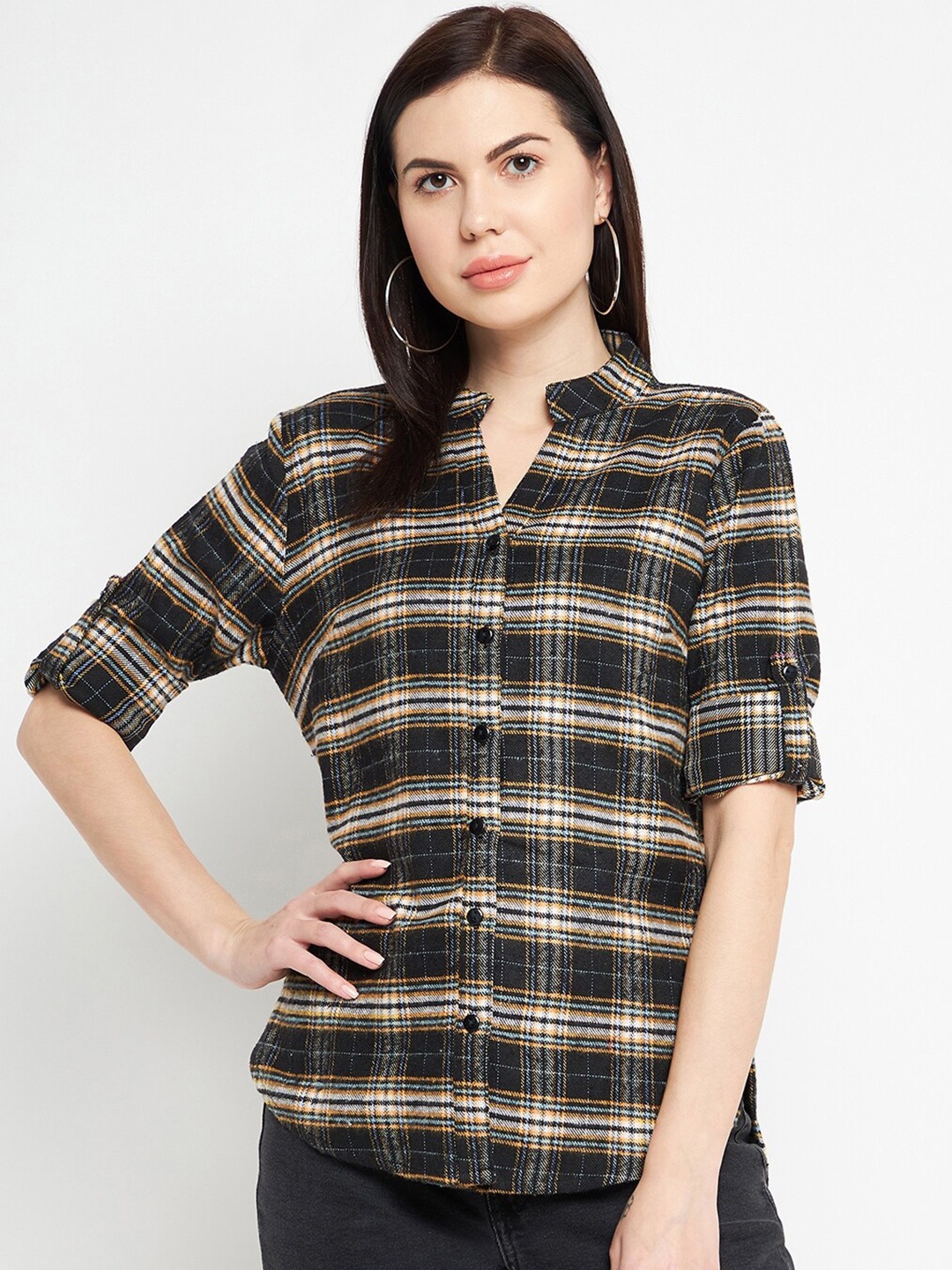 

Ruhaans Women Classic Tartan Checks Cotton Brushed Casual Shirt, Black