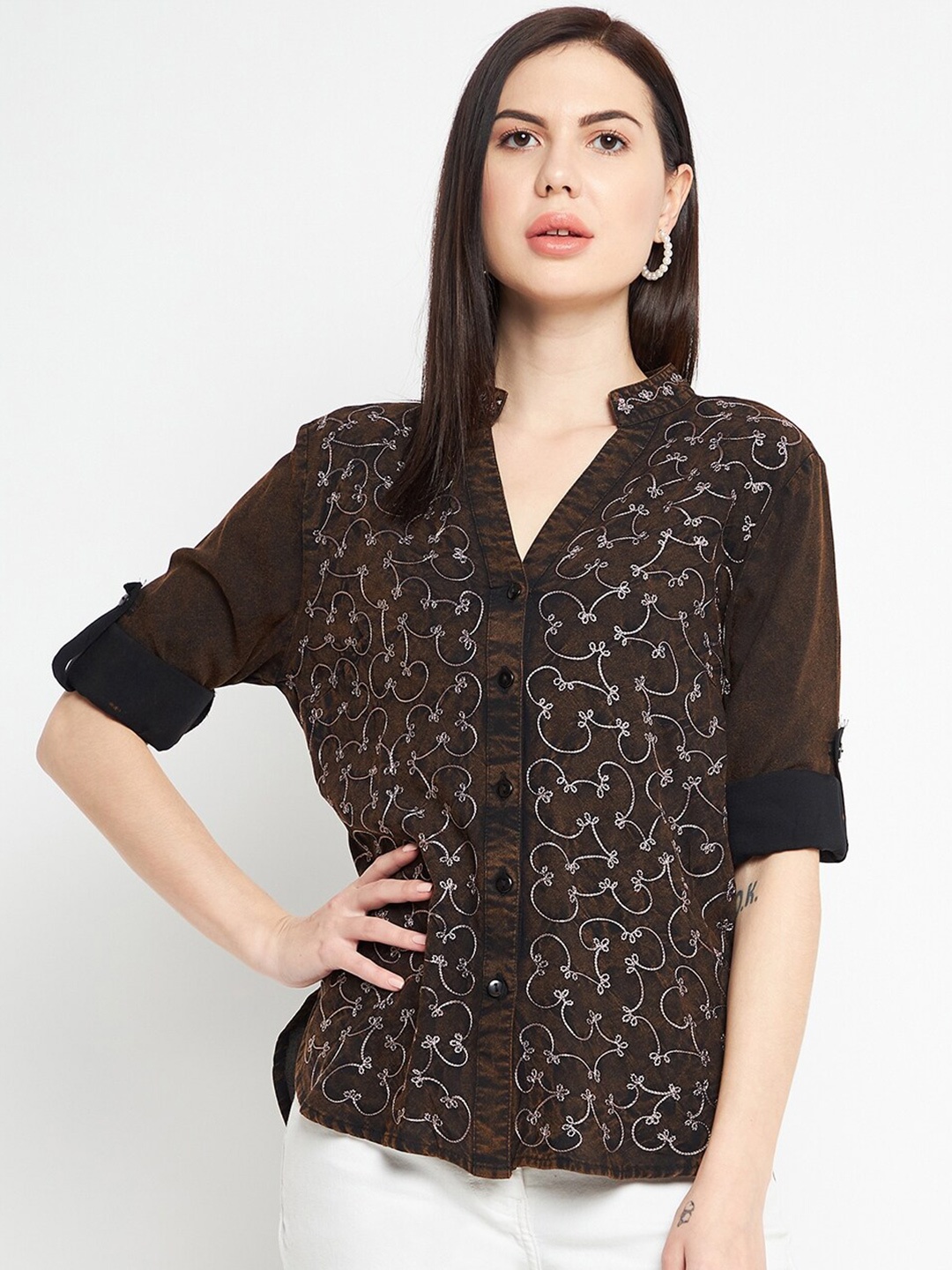 

Ruhaans Women Rayon Embroidered Shirt, Brown