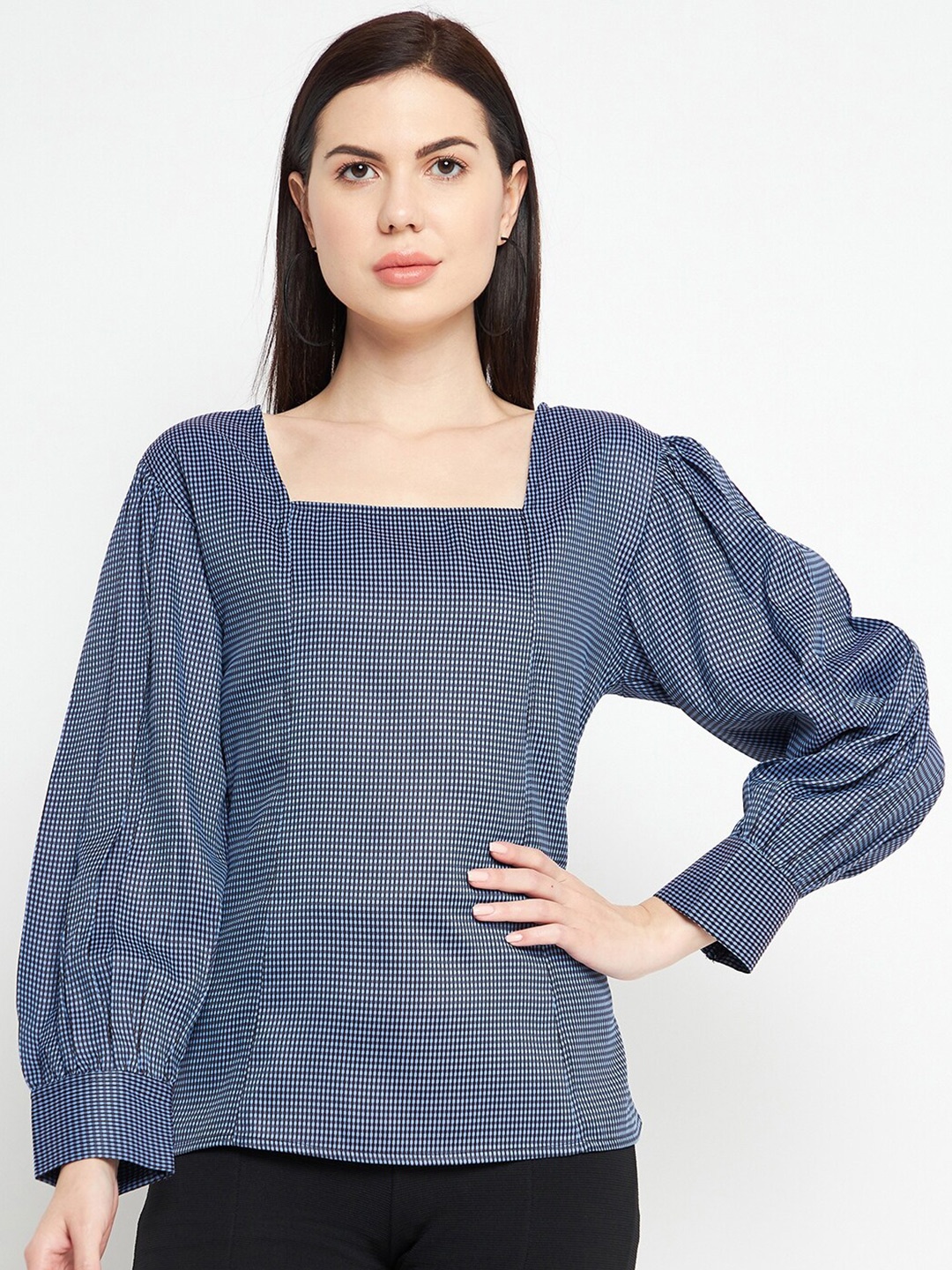 

Ruhaans Blue & White Checked Square Neck Top