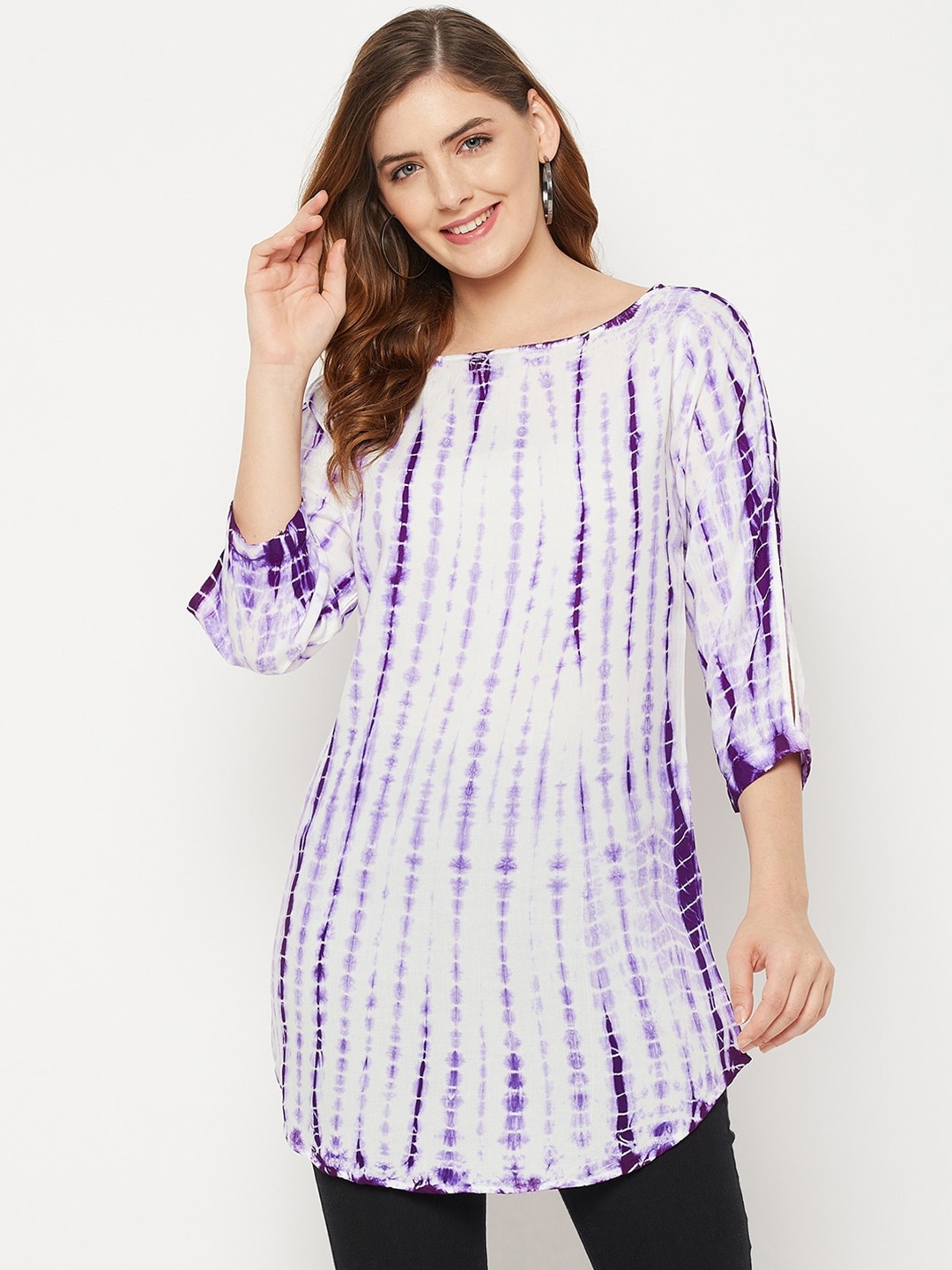 

Ruhaans Women Rayon Tie & Dye Purple Tunic