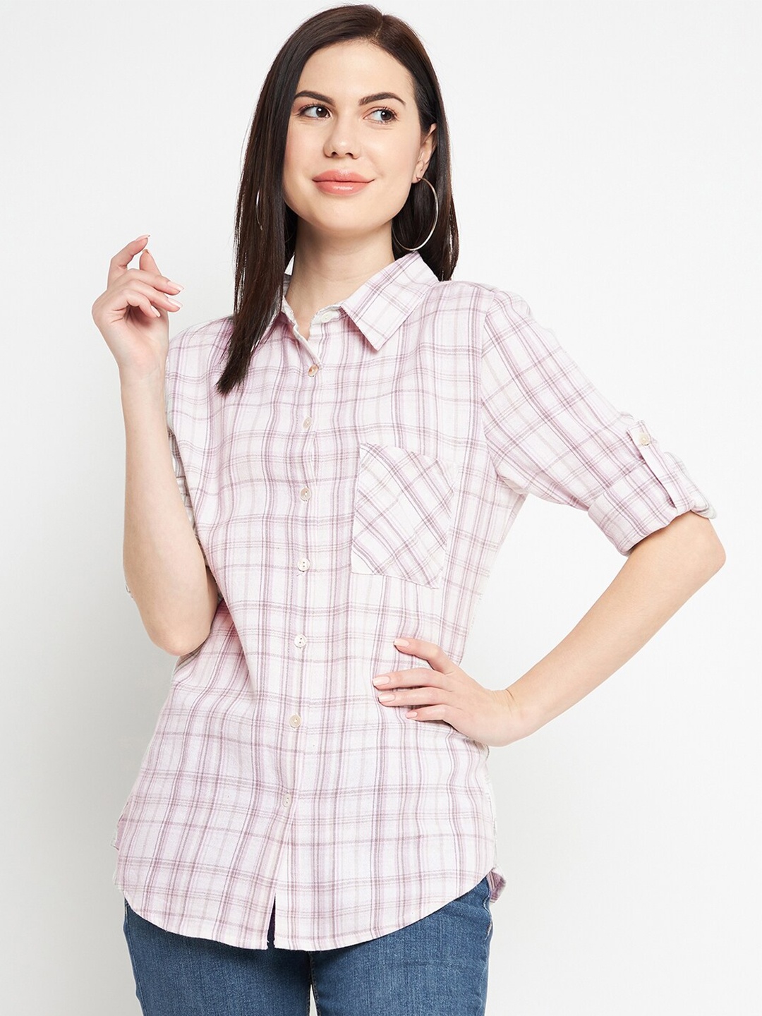 

Ruhaans Women Classic Tartan Checks Cotton Casual Shirt, Cream