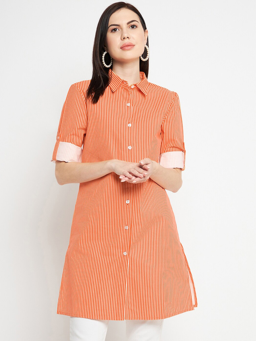 

Ruhaans Women Classic Striped Cotton Casual Shirt, Orange