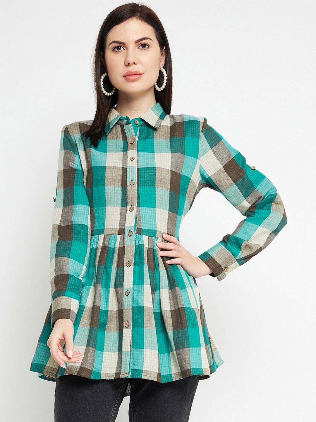 

Ruhaans Green Checked Pure Cotton Shirt Style Longline Top