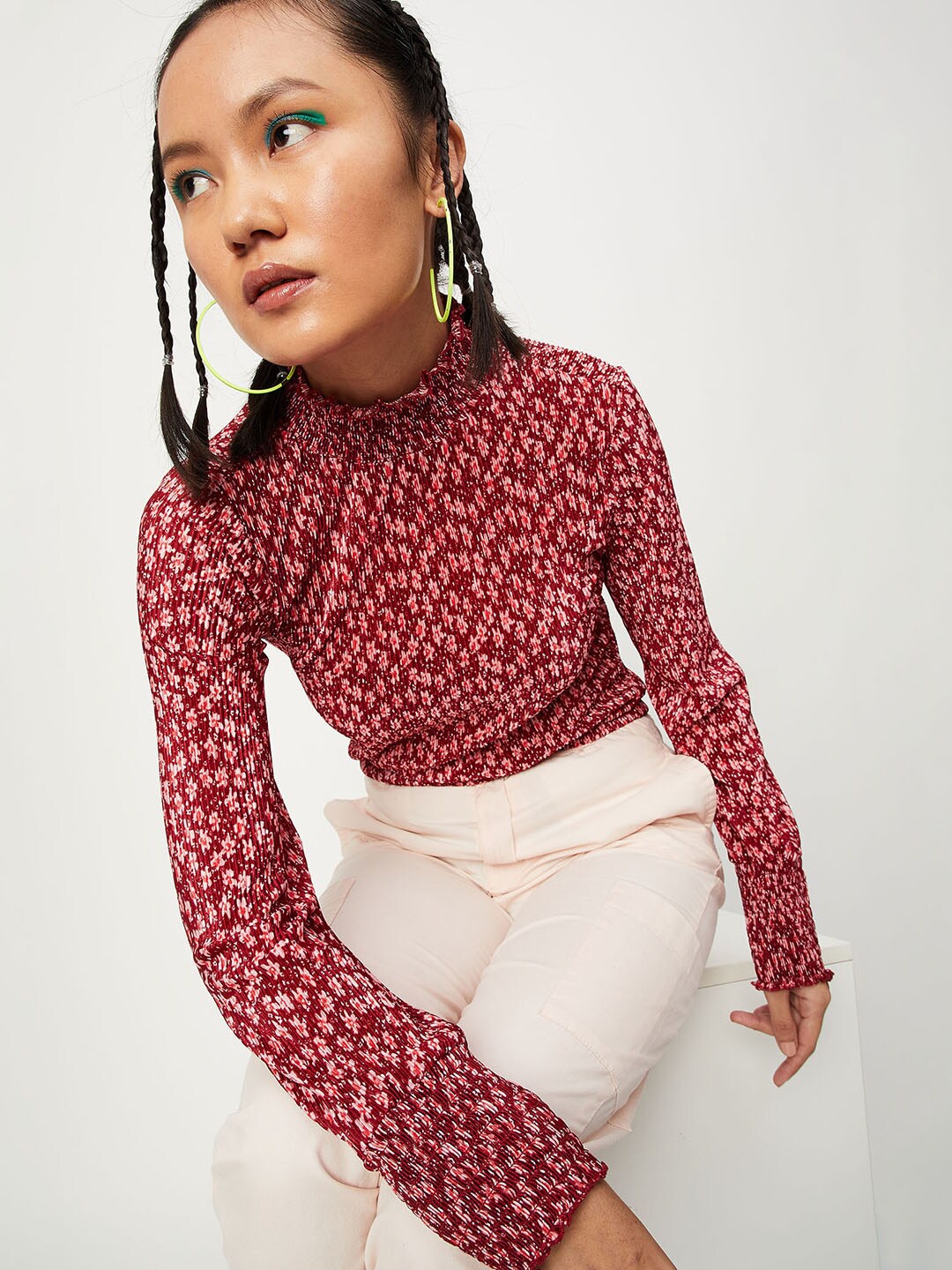 

max Maroon & Off White Floral Printed High Neck Top