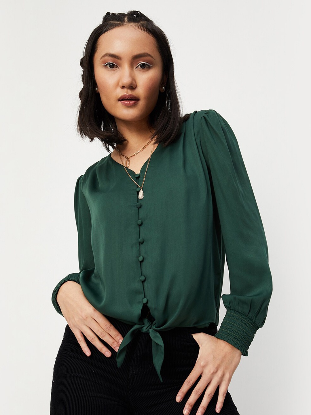 

max Green V-Neck Tie Up Top