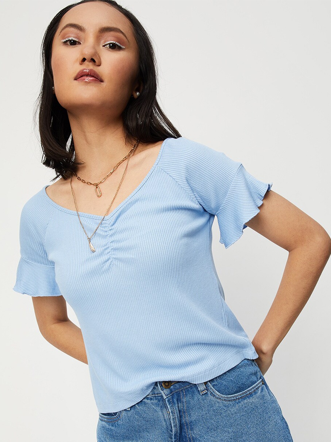 

max Turquoise Blue Flared Sleeves Crop Top