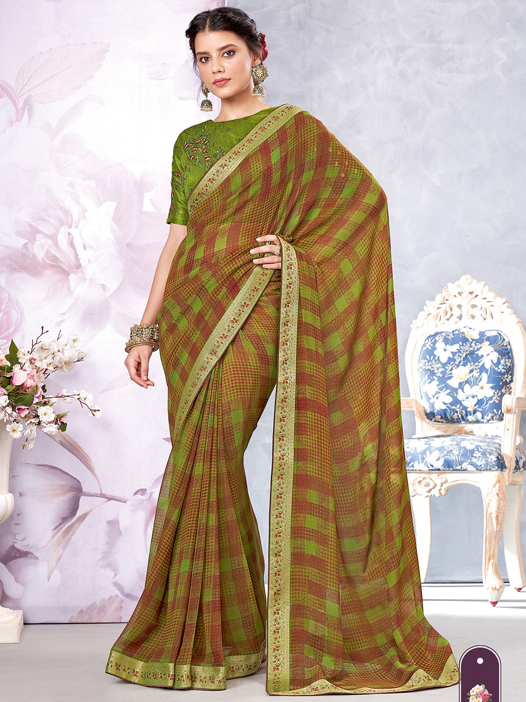 

Shaily Green & Brown Checked Pure Georgette Saree