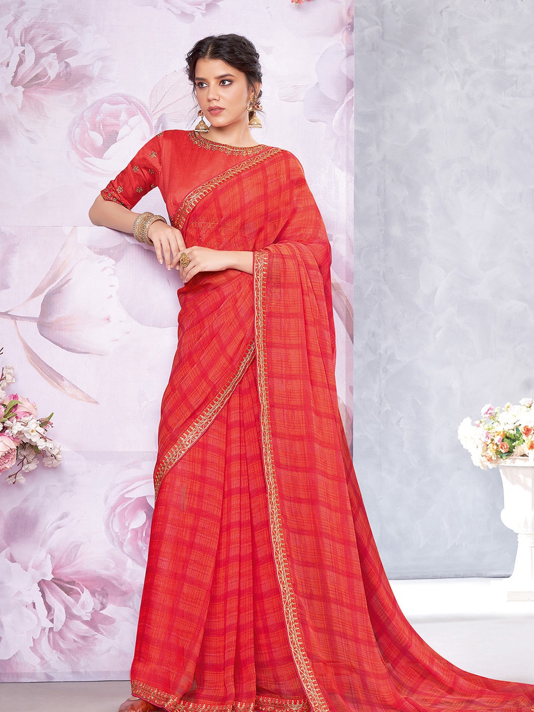 

Shaily Red & Gold-Toned Checked Embroidered Pure Georgette Saree
