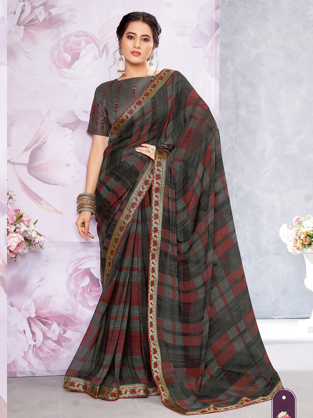 

Shaily Grey & Red Checked Pure Georgette Saree