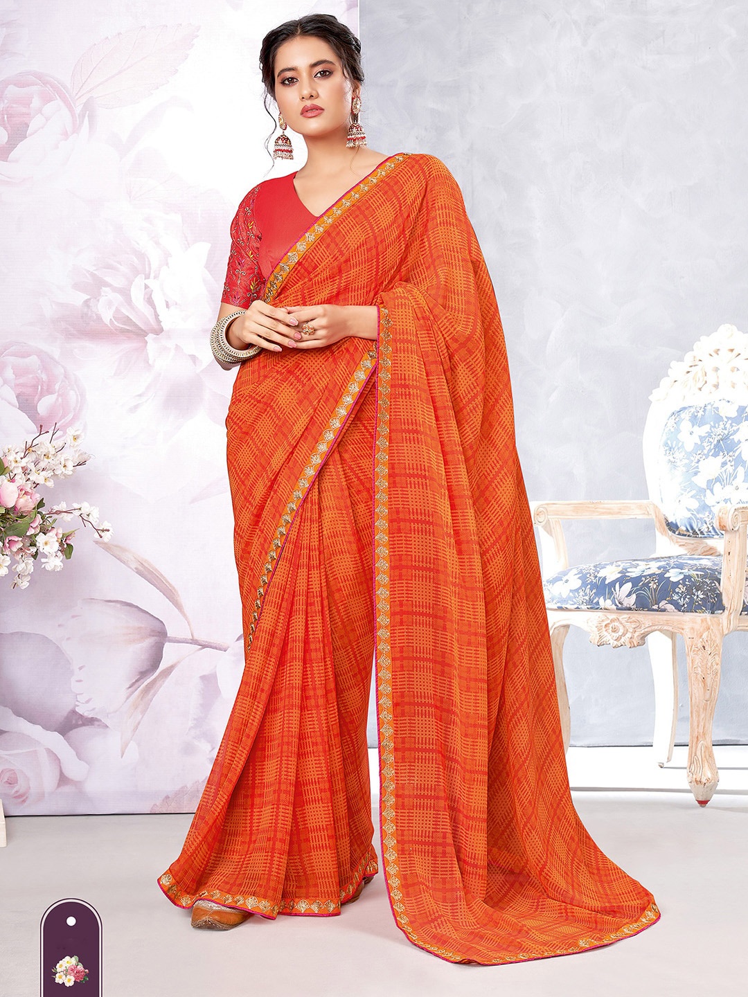 

Shaily Orange Checked Pure Georgette Saree