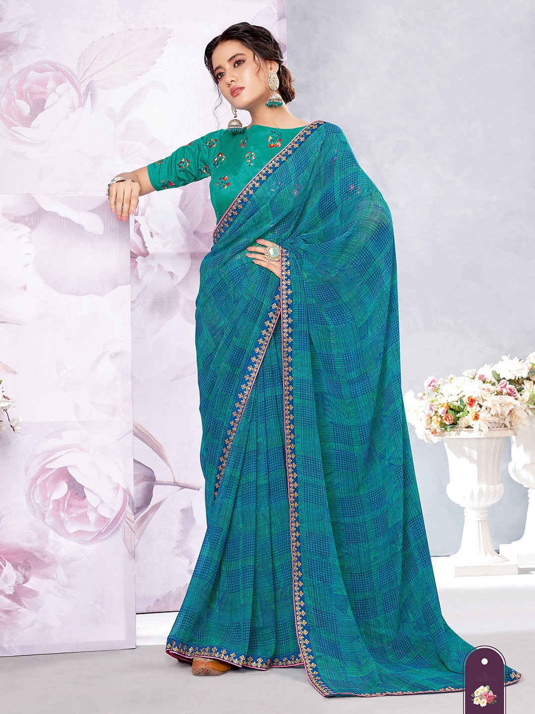 

Shaily Blue & Gold-Toned Checked Embroidered Pure Georgette Saree