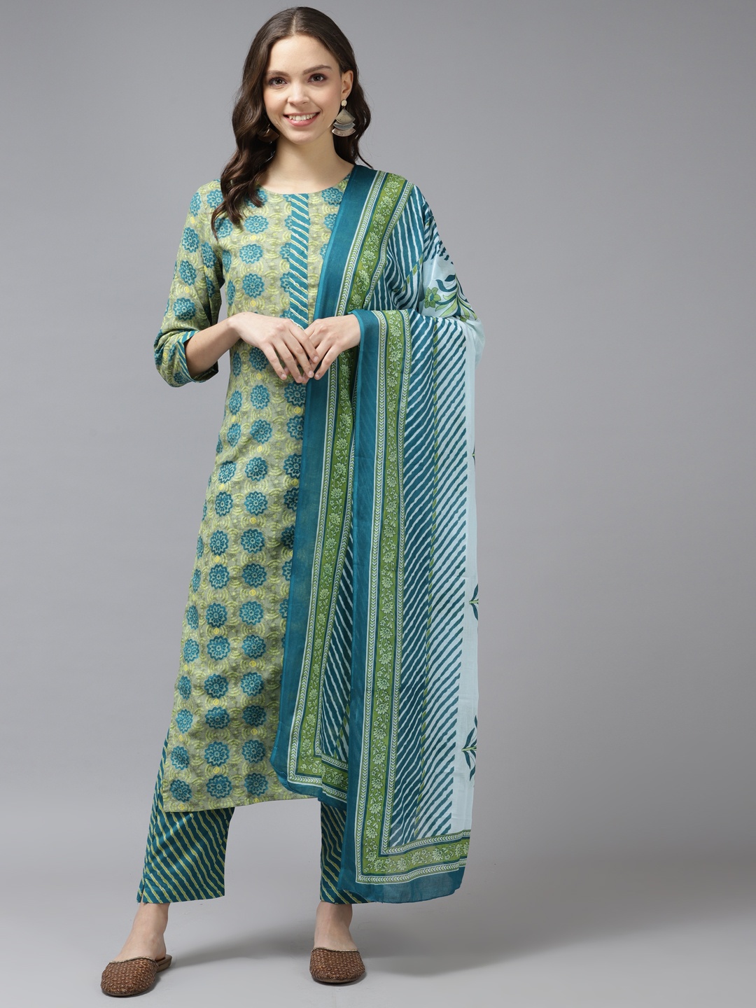 

Yufta Women Green Ethnic Motifs Printed Beads and Stones Pure Cotton Kurta with Trousers & With Dupatta
