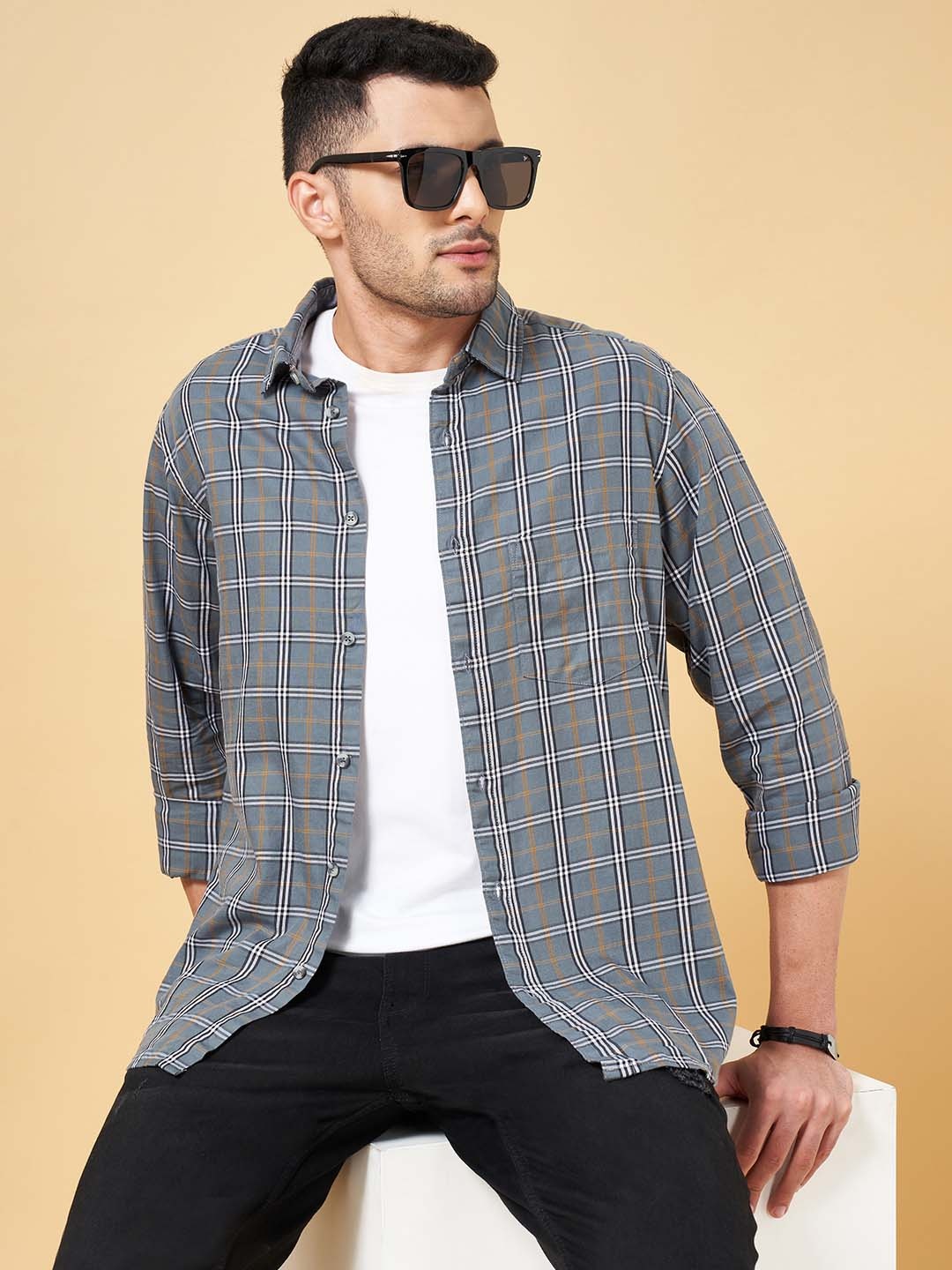 

YU by Pantaloons Men Grey Slim Fit Grid Tattersall Checked Cotton Casual Shirt