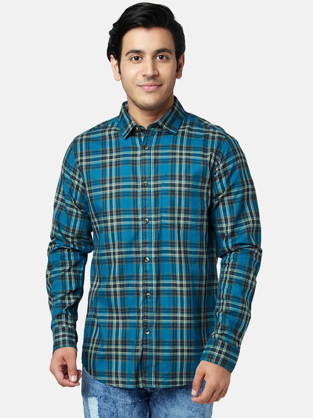 

YU by Pantaloons Men Blue Slim Fit Tartan Checked Cotton Casual Shirt