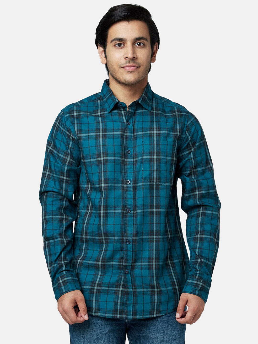 

YU by Pantaloons Men Blue Slim Fit Tartan Checks Checked Cotton Casual Shirt