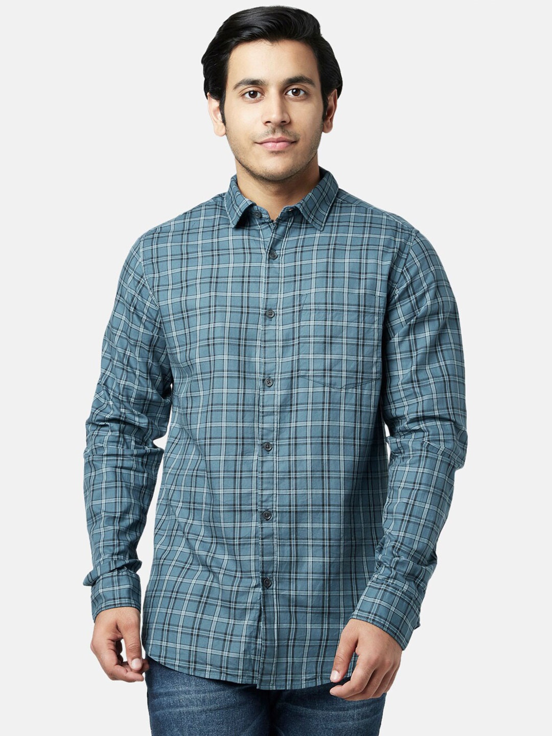 

YU by Pantaloons Men Slim Fit Tartan Checked Cotton Casual Shirt, Blue