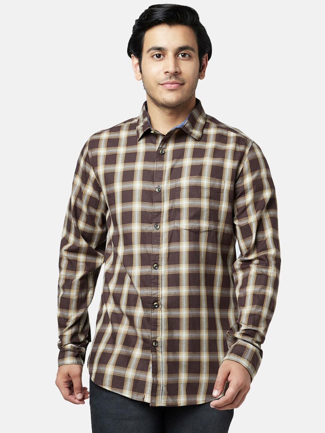 

YU by Pantaloons Men Brown Slim Fit Checked Cotton Casual Shirt