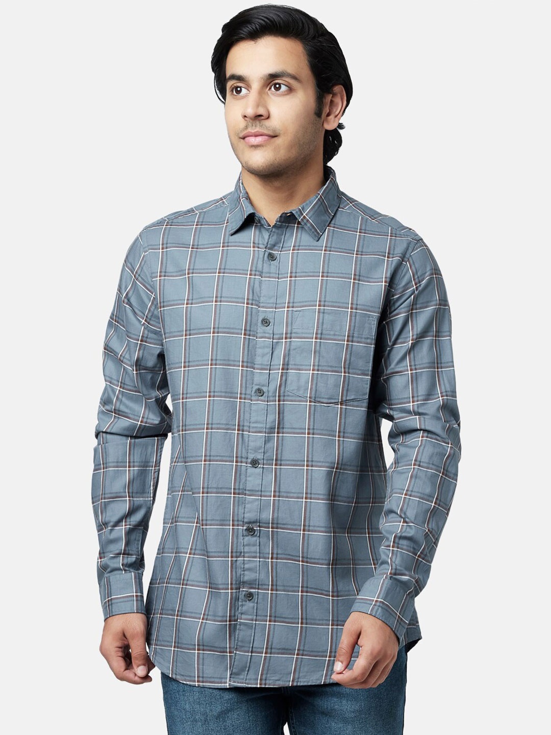 

YU by Pantaloons Men Slim Fit Grid Tattersall Checks Checked Casual Shirt, Grey