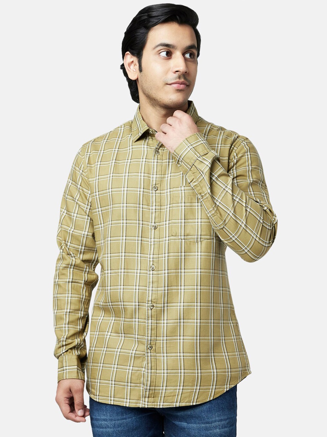 

YU by Pantaloons Men Slim Fit Checked Cotton Casual Shirt, Khaki