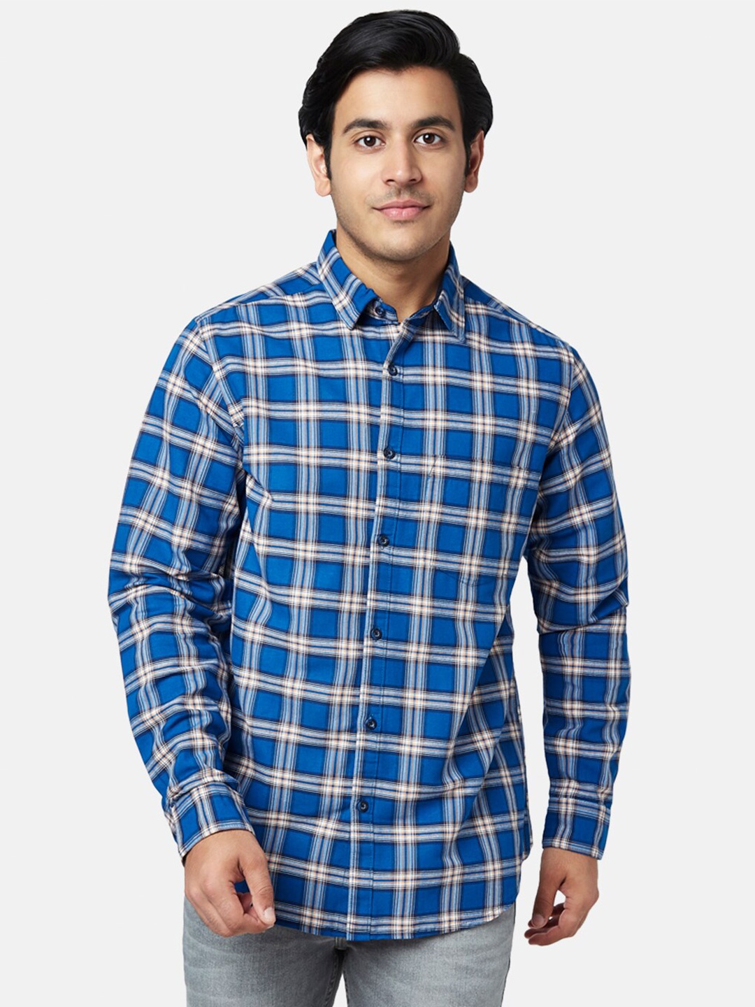 

YU by Pantaloons Men Slim Fit Tartan Checks Checked Cotton Casual Shirt, Blue