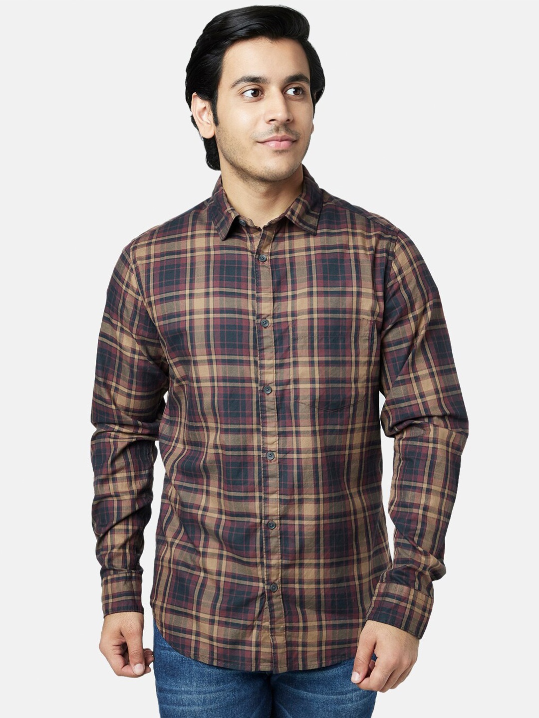 

YU by Pantaloons Men Brown Slim Fit Tartan Checked Cotton Casual Shirt