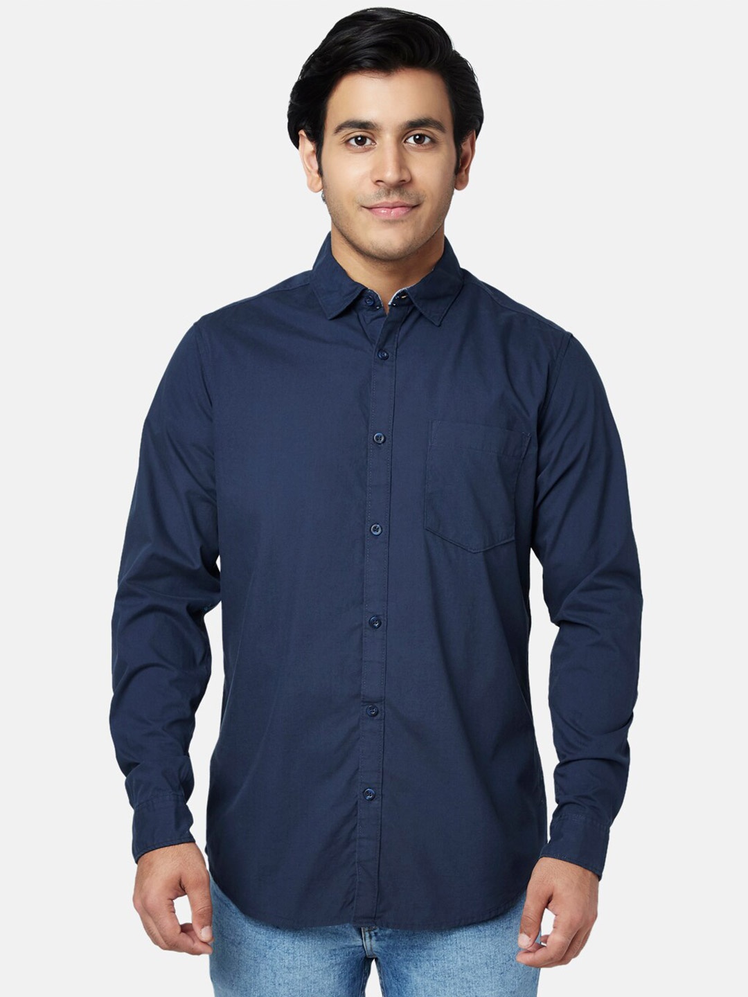 

YU by Pantaloons Slim Fit Spread Collar Casual Cotton Shirt, Navy blue