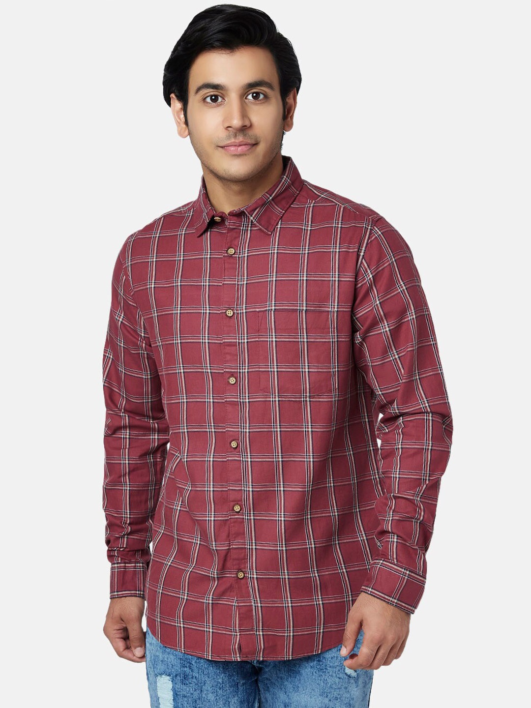 

YU by Pantaloons Men Brown Cotton Slim Fit Checked Casual Shirt