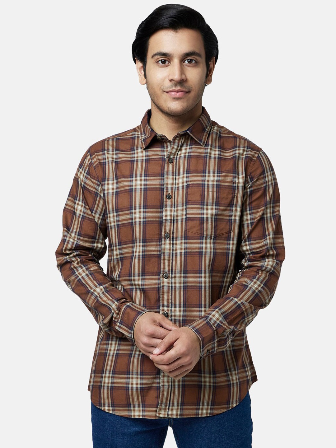 

YU by Pantaloons Men Brown Cotton Slim Fit Tartan Checks Checked Casual Shirt