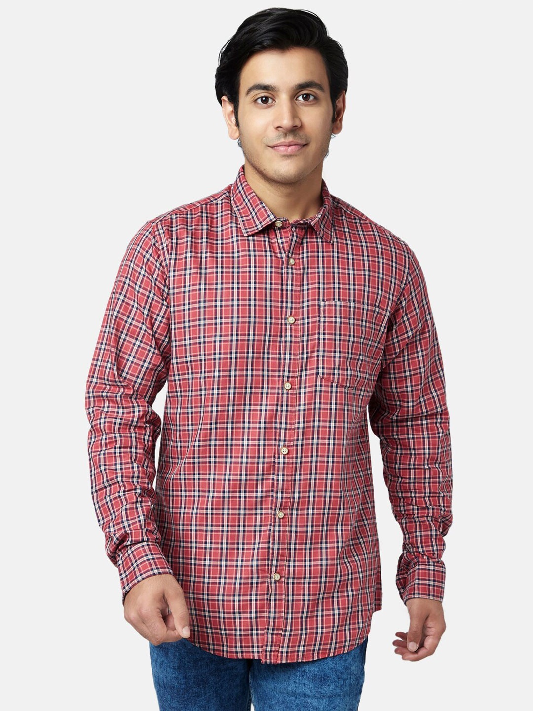 

YU by Pantaloons Men Red Cotton Slim Fit Checked Casual Shirt