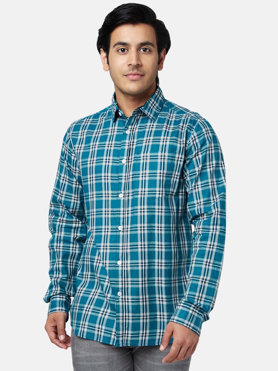 

YU by Pantaloons Men Cotton Slim Fit Tartan Checks Checked Casual Shirt, Teal