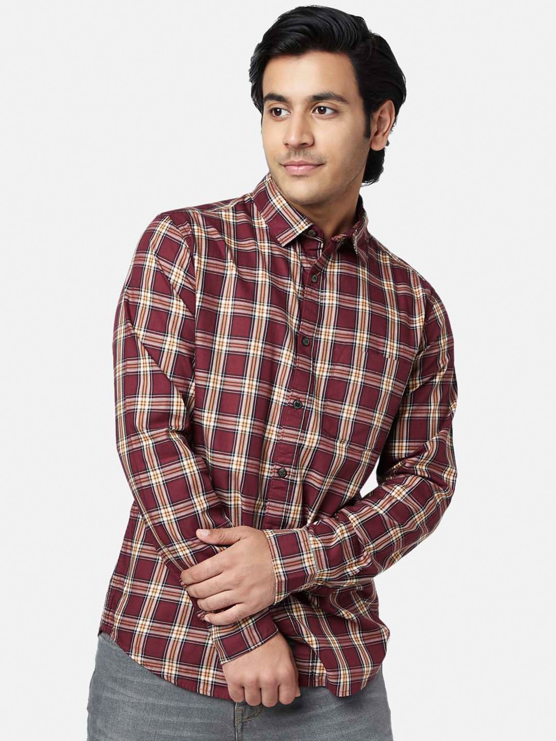 

YU by Pantaloons Men Cotton Slim Fit Tartan Checks Checked Casual Shirt, Maroon