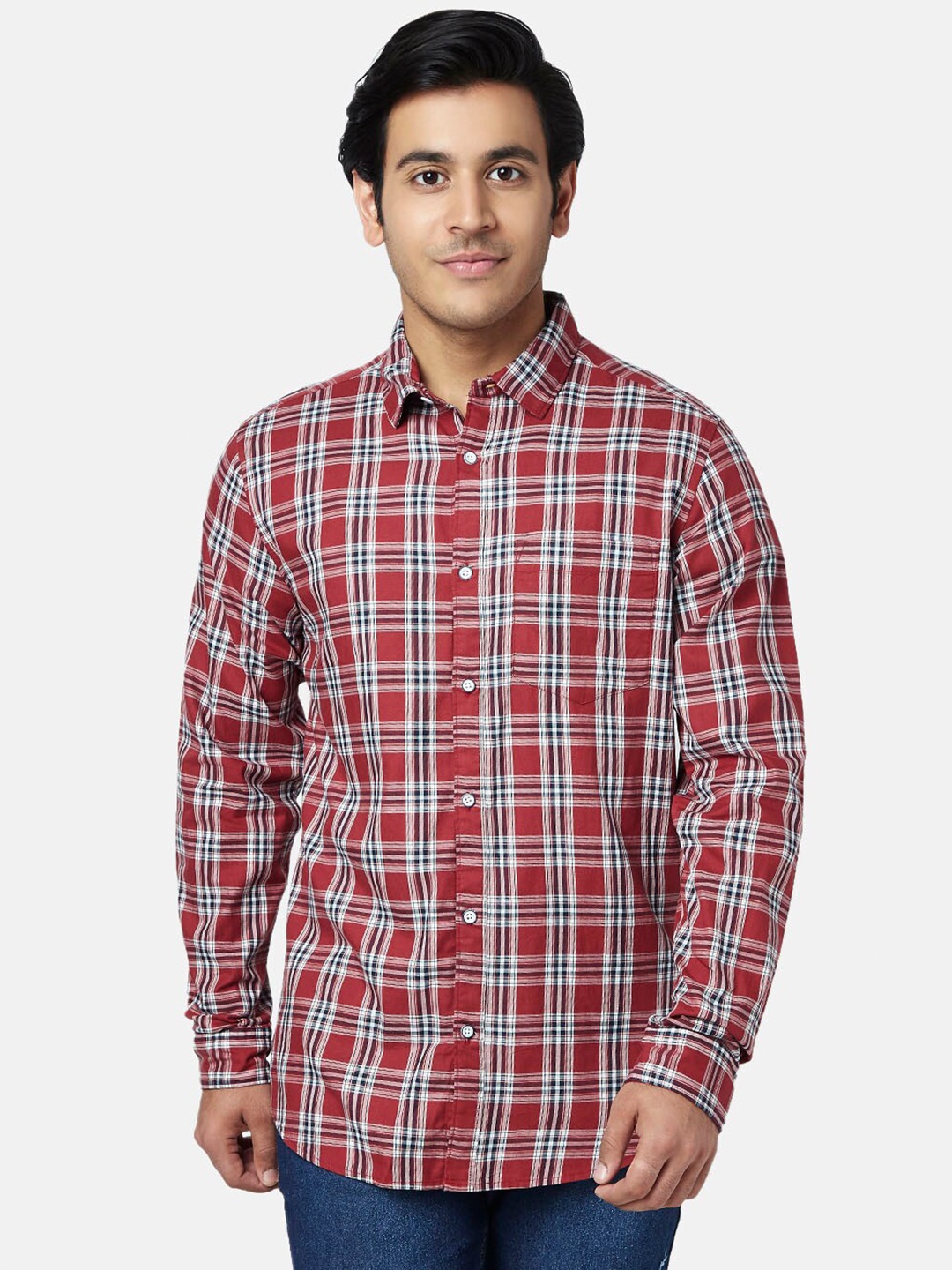 

YU by Pantaloons Men Red Cotton Slim Fit Tartan Checks Checked Casual Shirt