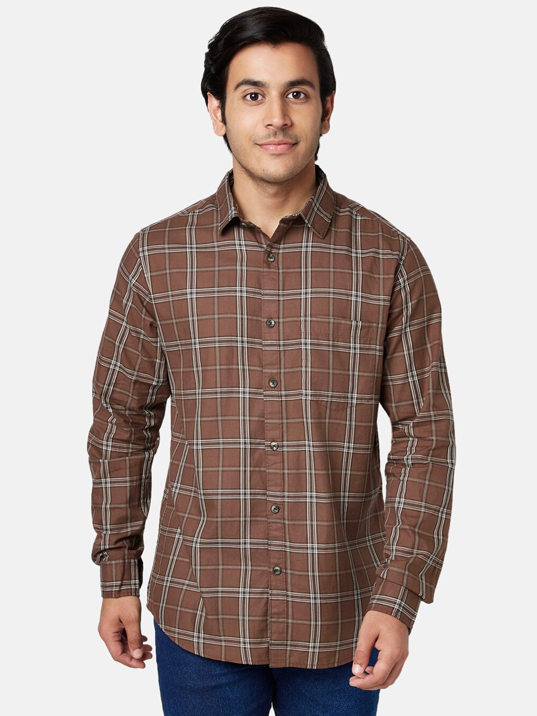 

YU by Pantaloons Men Cotton Slim Fit Tartan Checks Checked Casual Shirt, Tan